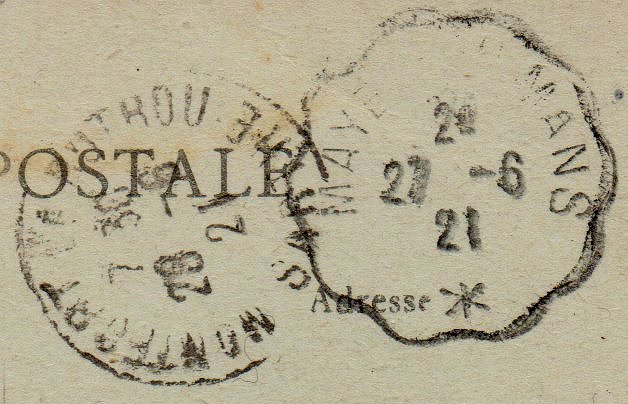 Courrier-Convoyeur-Ligne Mayet au Mans Type III, June 1921 from Mansigné - detail